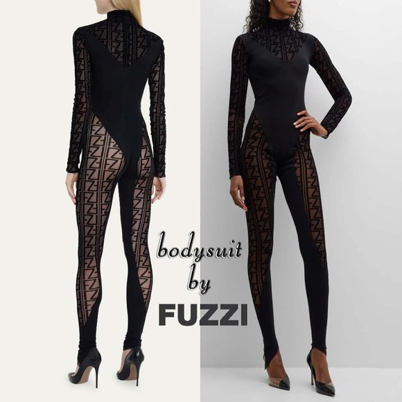 NwT size L 10-12 FUZZI Mock Neck Black Semi Sheer Bodysuit ULTRA SEXY - Picture 1 of 7